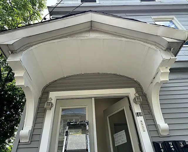 Coffered ceiling, hood, landing — Painted entry hood