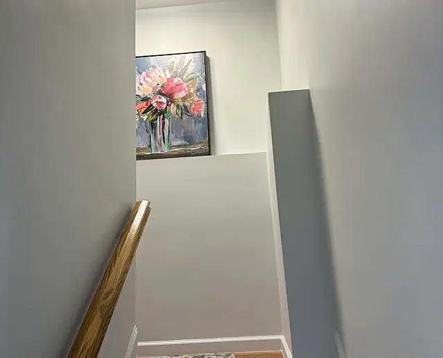Coffered ceiling, hood, landing — Finished stair landing